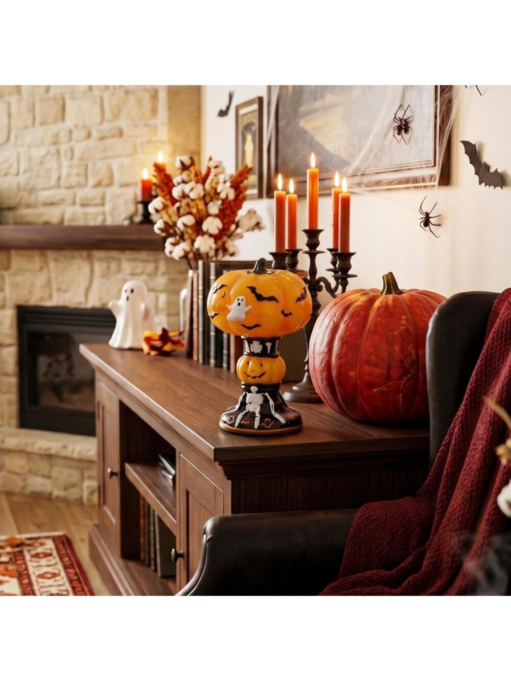 New Hand-Painted Halloween Pumpkin Night Light Gothic Resin Table Lamp Decor - Picture 6 of 6